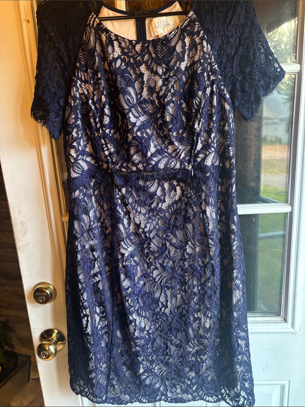 Luxe Navy Lace Midi Dress with Ivory Lining